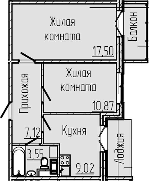 2-комнатная квартира 51.24 м², 6/8 эт., ЖК «SERTOLOVO PARK»